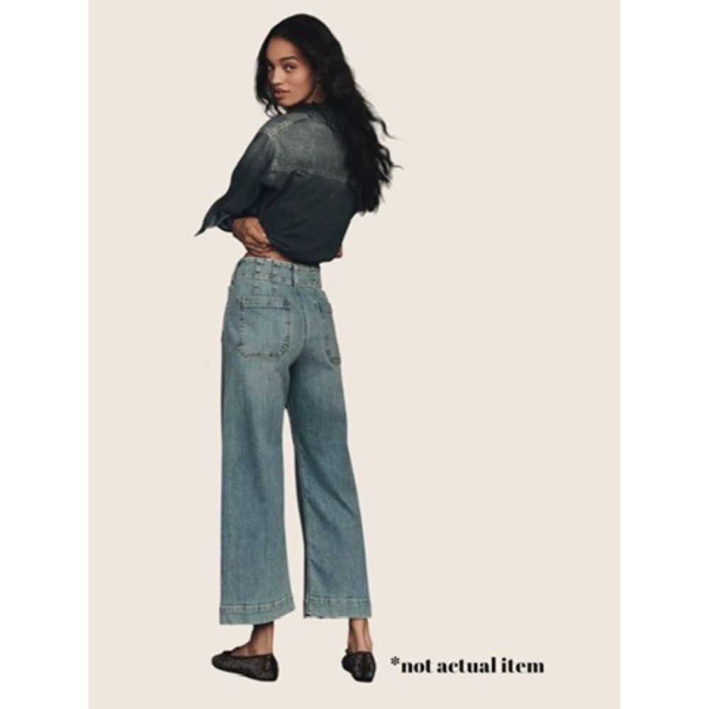 👖 ANTHRO MAEVE THE COLLETTE WIDE LEG HIGH RISE CROP LIGHT WASH "PALMS" SIZE 27 - Picture 2 of 8